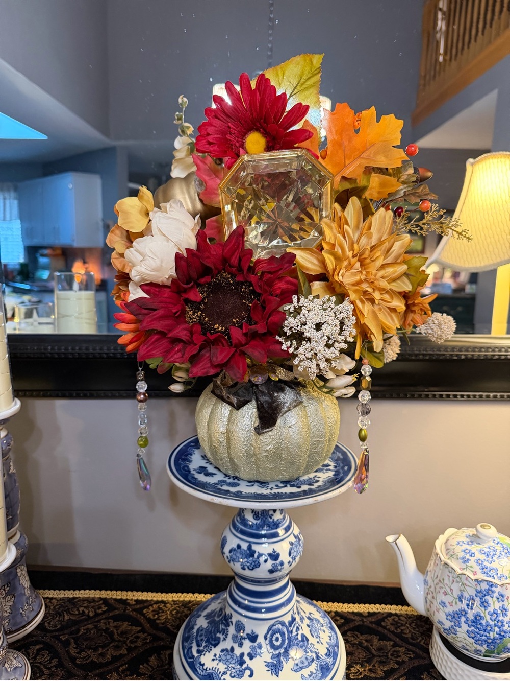 Festive Fall Pumpkin Floral Arrangement — Red, Gold & Cream